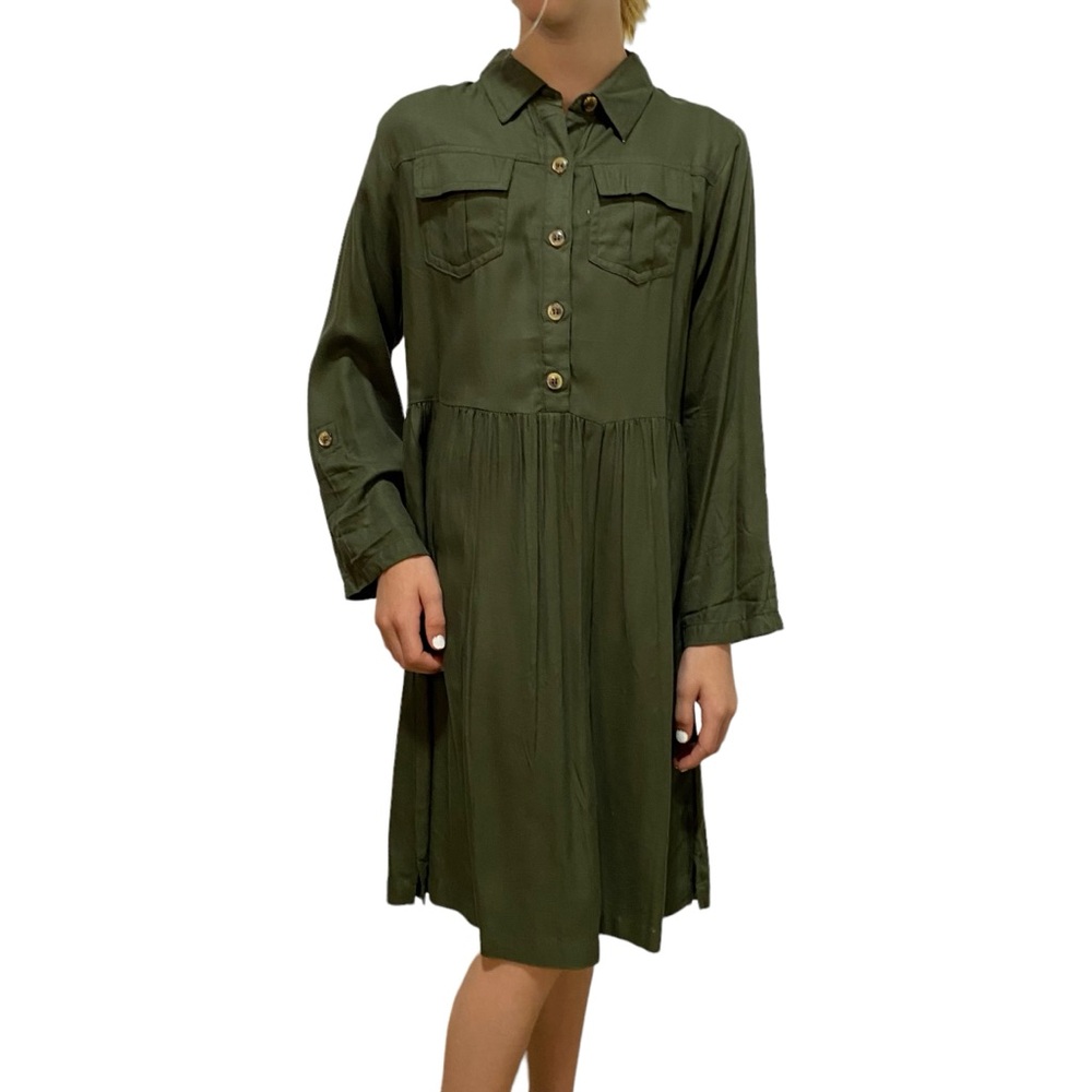 JAPNA Girls Dress Olive Green Size 12 Long Sleeve Loose Fitting 1/2 Button Down